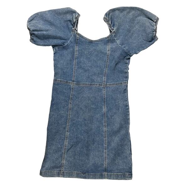 Steve Madden Dresses & Skirts - Madden Girl Sz M Jean Denim Mini Puff Sleeve Dress Sweetheart Neckline Zip Up